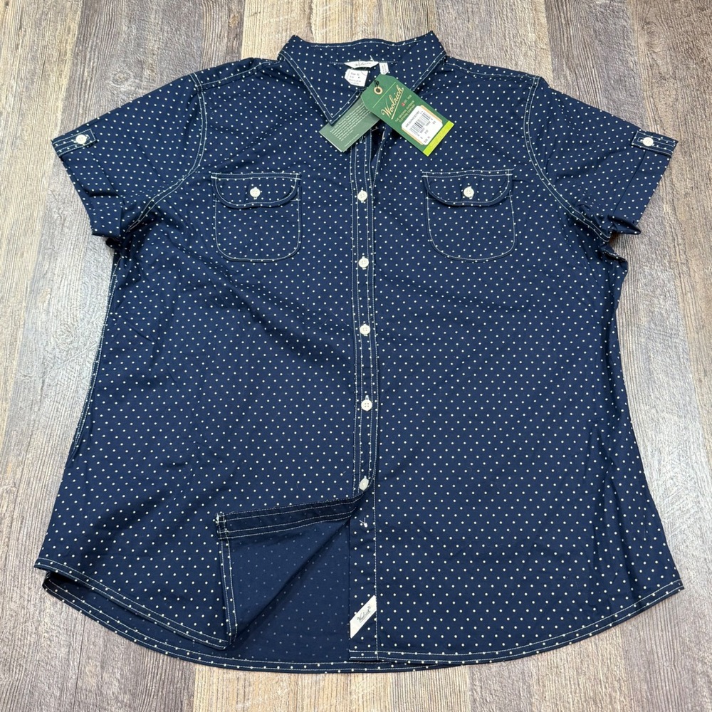 Woolrich Button Up Shirt Womens XL Deep Indigo Dot Short Sleeve Polka Dot Top
